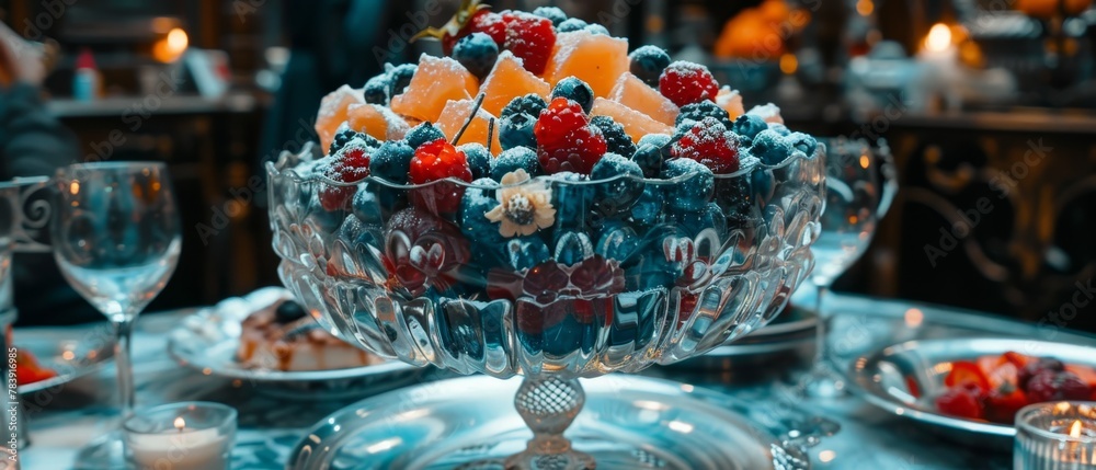   A glass bowl brimming with fruit sits atop a table Nearby, a glass plate holds silverware
