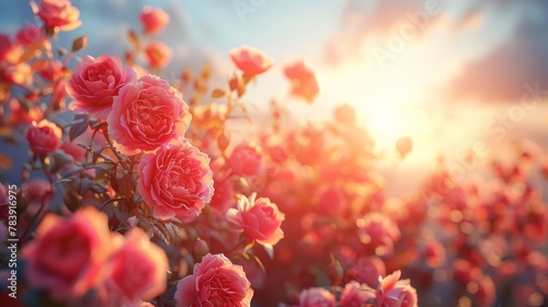  A field filled with pink roses under a sunny sky with clouds scattering sunlight in the afternoon
