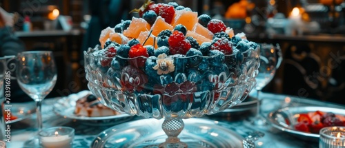 A glass bowl brimming with fruit sits atop a table Nearby, a glass plate holds silverware