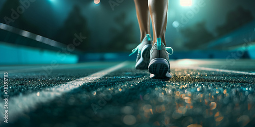 Focus on the shoes of a runner training in a stadium with artificial lighting, preparing for a sports competition. photo