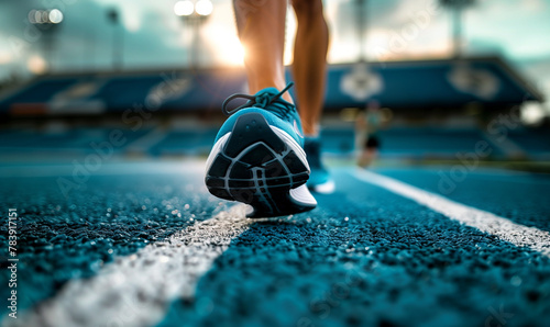 Focus on the shoes of a runner training in a stadium with artificial lighting, preparing for a sports competition.