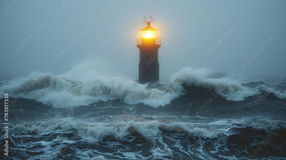   A lighthouse, anchored amidst the storm-tossed ocean, its beacon glowing atop