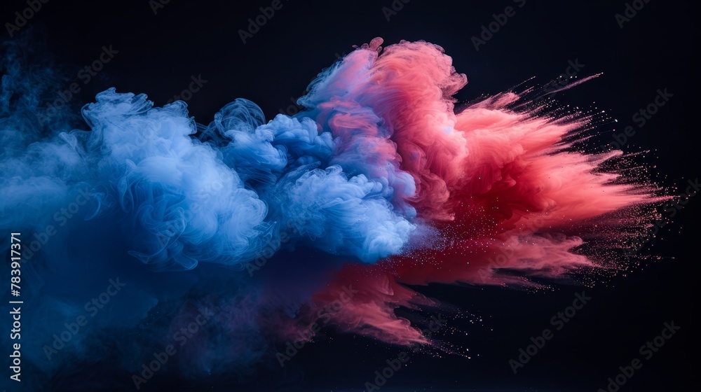   A red and blue smoke cloud against a black backdrop, with mirrored smoke reflection