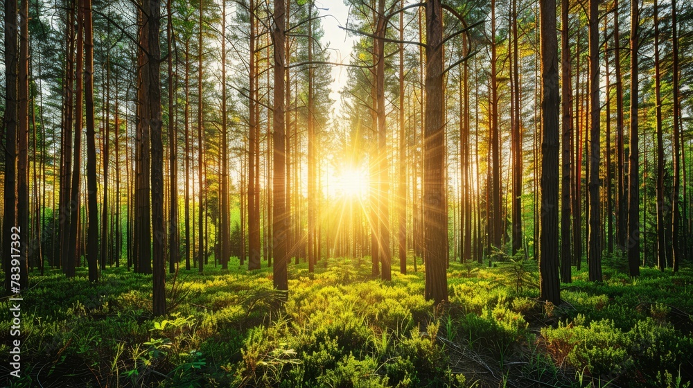   The sun filters through the forest's green canopy of tall, thin trees over green grass