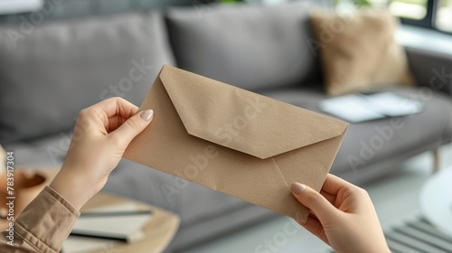 A person holds a brown paper in front of a gray couch in a room, featuring the contrast between the paper and the couch