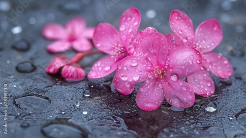   A cluster of pink blooms atop a water puddle  with petal tips speckled by droplets