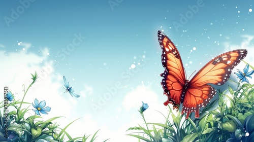   A butterfly flies above a field of grass and flowers against a backdrop of a blue sky in a painting © Jevjenijs