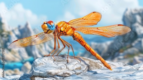   A dragonfly perches atop a snow-covered rock, amidst serene winter landscape Mountains loom in the background