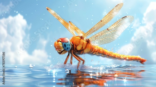   A dragonfly flies over a body of water, its wings spread wide and eyes closed, against a backdrop of a blue sky dotted with white clouds