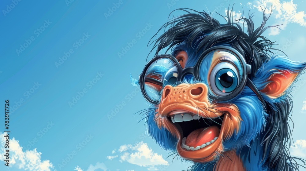 A tight shot of a monkey donning glasses, set against clouded backdrop A tight shot of a monkey donning glasses, set against clouded backdrop