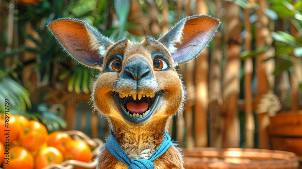  A dog wearing a blue collar and smiling, surrounded by oranges in the background