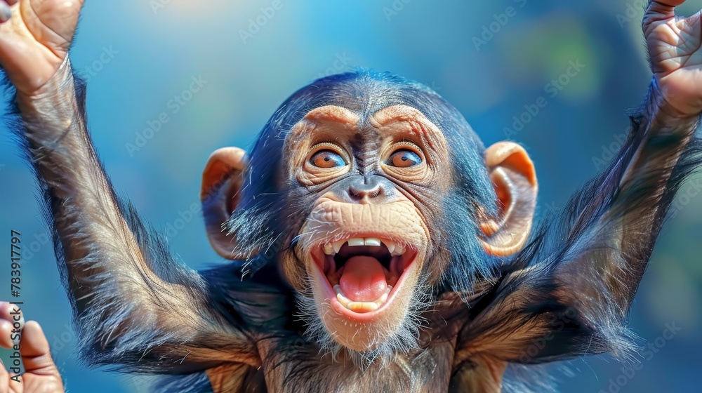   A tight shot of a monkey with open mouth and raised hands
