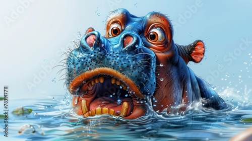  A tight shot of a hippo submerged in water, holding a fish in its jaws