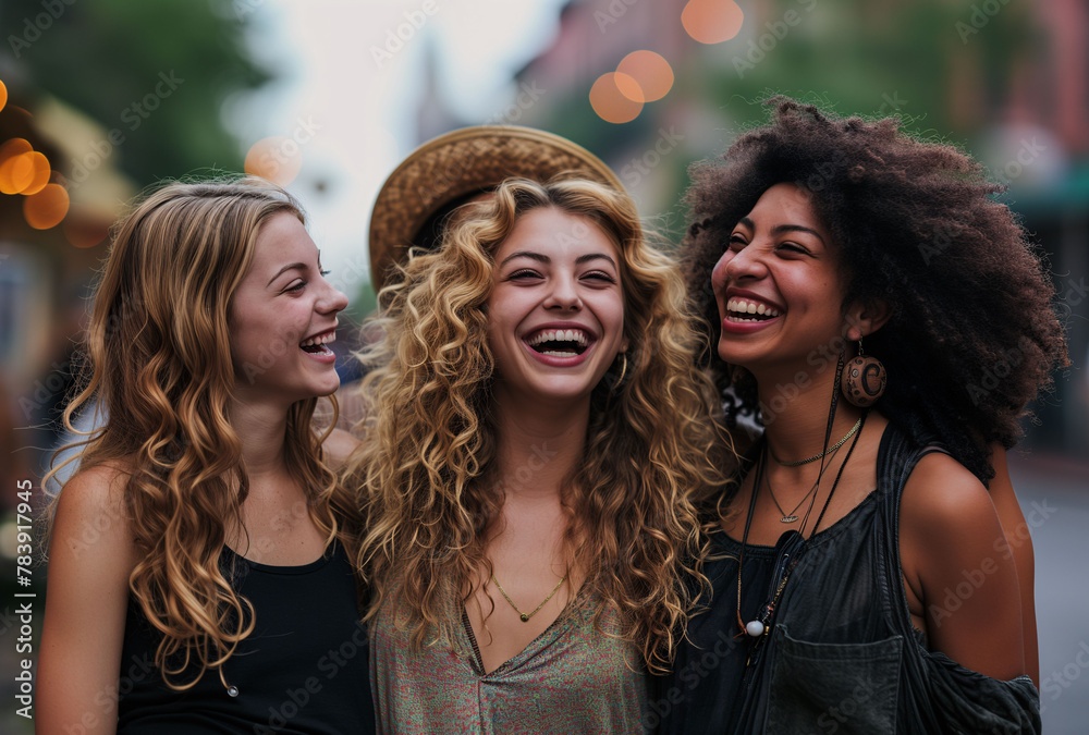 Group of young friends of different ethnicities having fun together on the street among the crowd. Group of friends meeting to go out. Friends, adolescence and fun. Group of young friends of different ethnicities having fun together on the street among the crowd. Group of friends meeting to go out. Friends, adolescence and fun.
