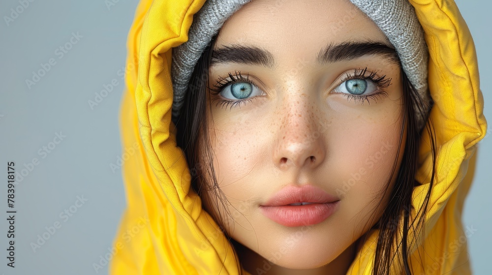 blue eyes, yellow jacket, beanie atop head blue eyes, yellow jacket, beanie atop head