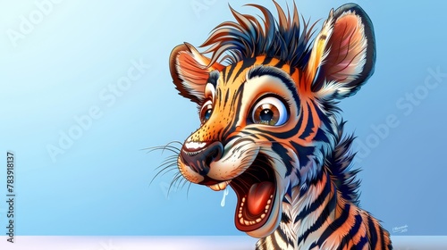   A painting of a baby tiger opening its mouth widely  revealing teeth  against a backdrop of a clear blue sky