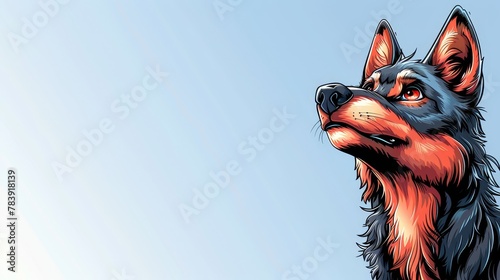   A detailed shot of a dog's head against a backdrop of a blue sky The dog's head features red and black hues photo