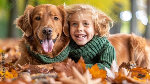  A young girl and her golden retriever relax on the ground, surrounded by autumn leaves in the foreground Another golden retriever rests in the background