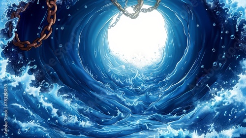  A large, blue painting of a wave with a visible chain in its midsection and a light at the wave's end