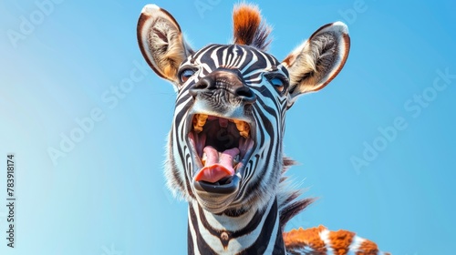   A close-up of a zebra with its mouth open