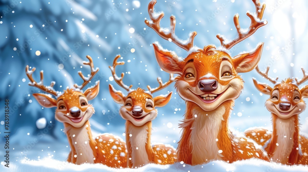 A gathering of deer aligned on a snow-laden ground before a forest A gathering of deer aligned on a snow-laden ground before a forest