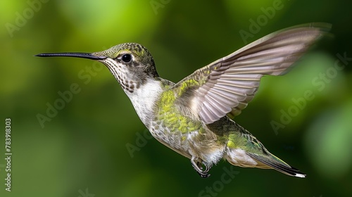 A hummingbird hovers in the air, its wings rapidly flapping against a blurred backdrop of leaves