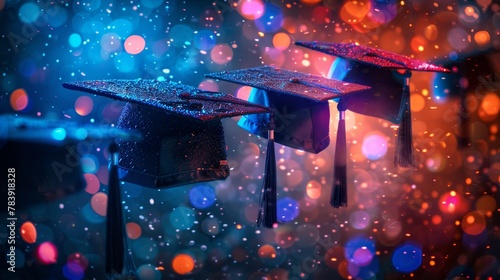   A few graduation caps dangle from a pole's side, before a vibrant backdrop of colorful lights photo