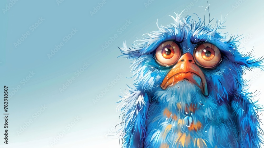 A blue bird with orange eyes, displaying a surprised expression, against a backdrop of a clear blue sky A blue bird with orange eyes, displaying a surprised expression, against a backdrop of a clear blue sky