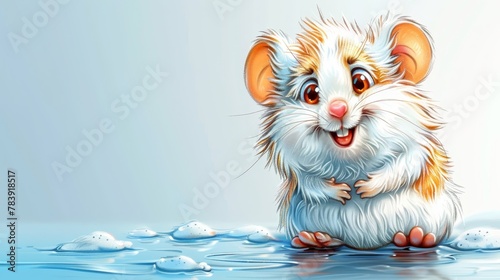   A brown and white mouse atop a blue backdrop, perched next to a puddle Water droplets surround the pool