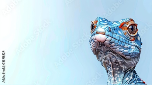   A tight shot of a lizard's head on a blue backdrop with a scarlet mark in its midst photo