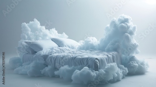 Dreamlike bed with cloud formation as bedding, conceptual comfort and rest