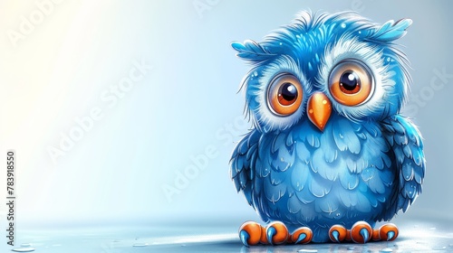   A sad-looking blue-orange owl sits atop a puddle, its wide-open eyes gazing melancholily at the water