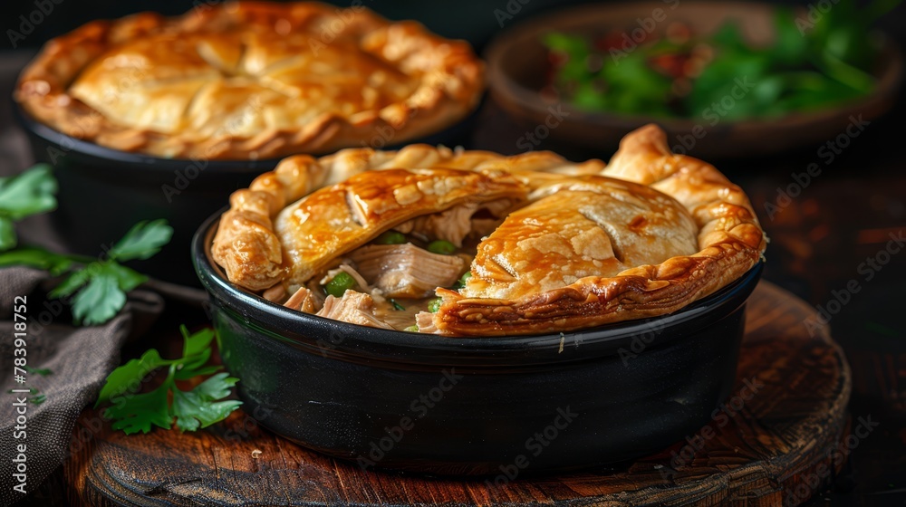Two pies atop a wooden table, adjacent to a green garnish of leafy foliage Two pies atop a wooden table, adjacent to a green garnish of leafy foliage