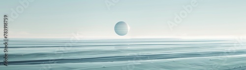 Minimalist seascape with a surreal floating sphere  depicting calmness and space in a tranquil blue setting