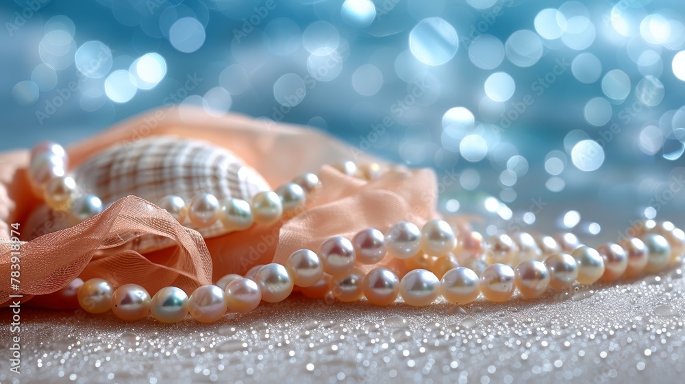  A tight shot of pearls clustered on a fabric, with a seashell at the image's center - obrazy, fototapety, plakaty 