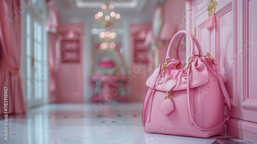  A pink purse sits atop the floor by a pink door in a room featuring a chandelier hanging above