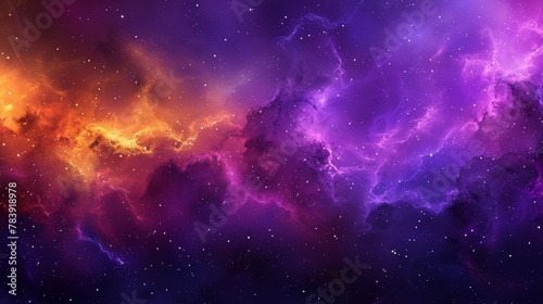  A vibrant expanse teeming with myriad stars, encircled by a purple-orange nebulous cloud, housing embedded celestial bodies