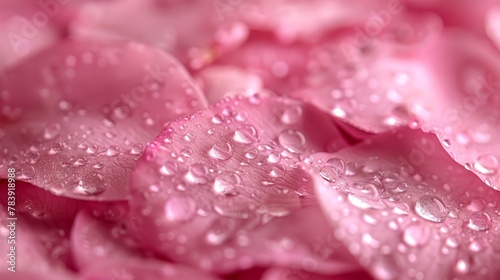  A tight shot of a pink flower, adorned with water droplets, and a rose in foreground