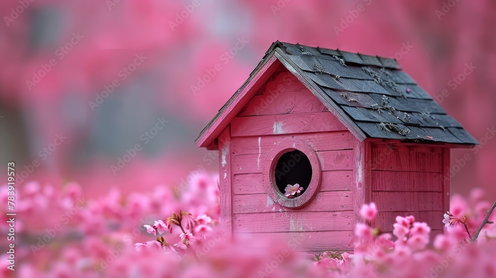   A pink birdhouse with a cat in its hole amidst a field of pink blooms
