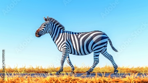   A digital depiction of a zebra strolling through a lush grass field against a backdrop of a clear blue sky