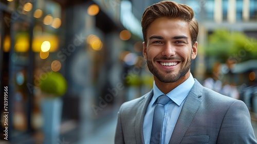   A tight shot of a suited person grinning at the camera against a backdrop of a bustling city street