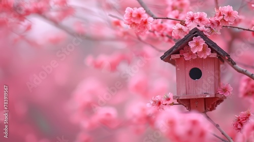   A birdhouse dangles from a tree, adorned with pink flowers Branches bear these blossoms Pink hues dominate the backdrop, painting the sky above