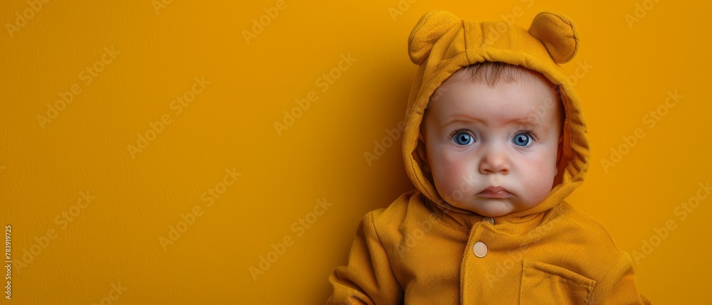A baby in a yellow Winnie the Pooh costume, featuring a hood and blue eye accents A baby in a yellow Winnie the Pooh costume, featuring a hood and blue eye accents