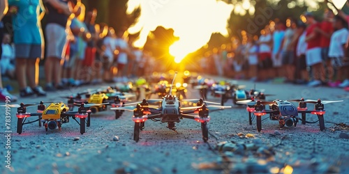 Drone Racers Preparing at Starting Line with Colorful Drones and Large Audience, Sunset photo
