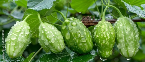  A collection of cucumbers growing on a plant, featuring water droplets on their surfaces and lush green leaves as a backdrop