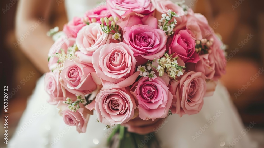   A bride's bouquet of pink roses rests on a bridesmaid's dress as she holds hers