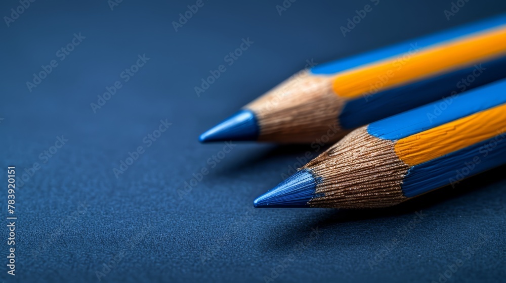 A tight shot of three pencils on a blue backdrop Two pencils lie flat, while one yellow and one blue pencil protrude from their tops A tight shot of three pencils on a blue backdrop Two pencils lie flat, while one yellow and one blue pencil protrude from their tops