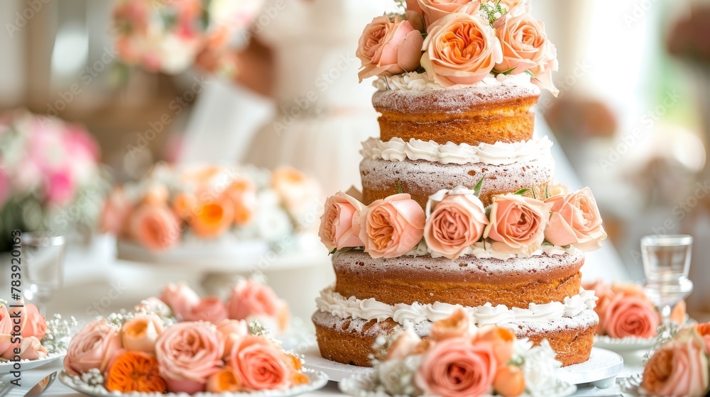   A wedding cake sits atop a table, accompanied by two floral-adorned plates