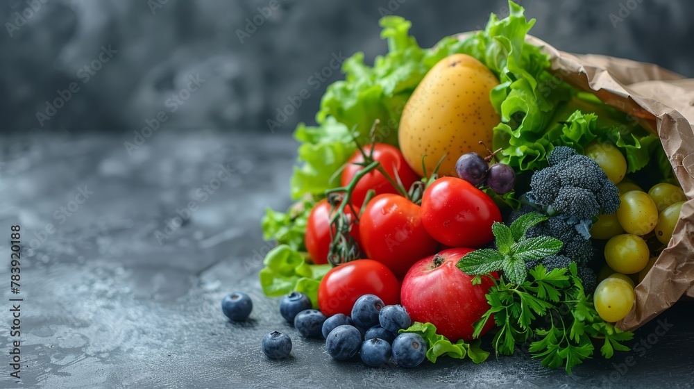   A paper sack brimming with various fruits and vegetables, adjacent to a mound of blueberries and tomatoes