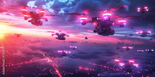 Multiple Drones Competing in a Neon-Lit Drone Racing Championship, Dusk Sky photo